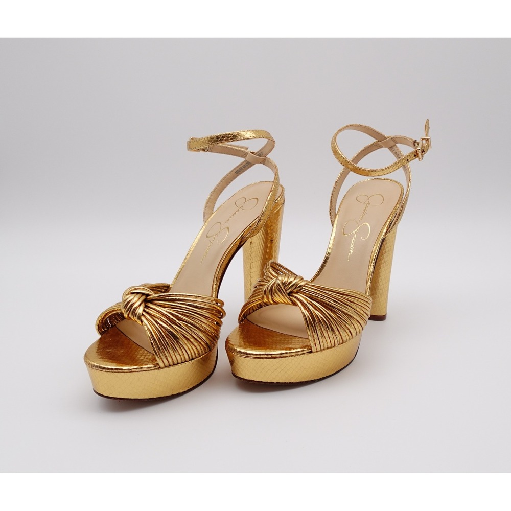 Jessica Simpson Gold Metallic Platform Heels Knotted Strappy Block Heel Size 7M